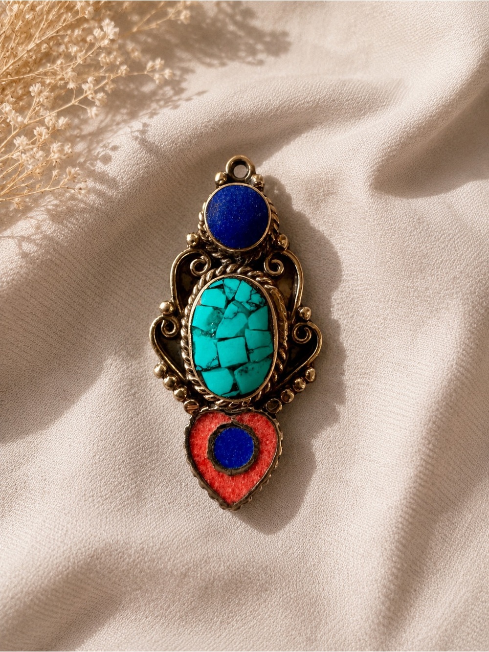 Turquoise & Lapis and Coral Stone Drop Pendant Necklace - Women Jewelry Sterling